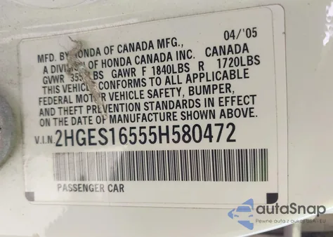 2005 Honda Civic Lx from USA, damaged, VIN 2HGES16555H580472